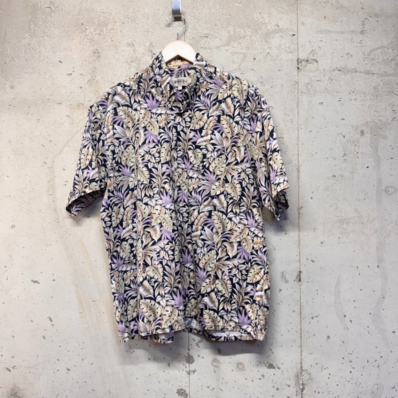 campia moda Other - Campia Moda Shirt Mens Large Black Purple Tropical Leaf Print Cotton Hawaiian 90